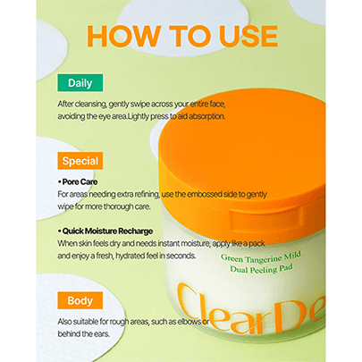 [ClearDea.] Мягкие пилинг-пэды с зелёным мандарином Green Tangerine Mild Dual Peeling Pad 140мл (50шт)